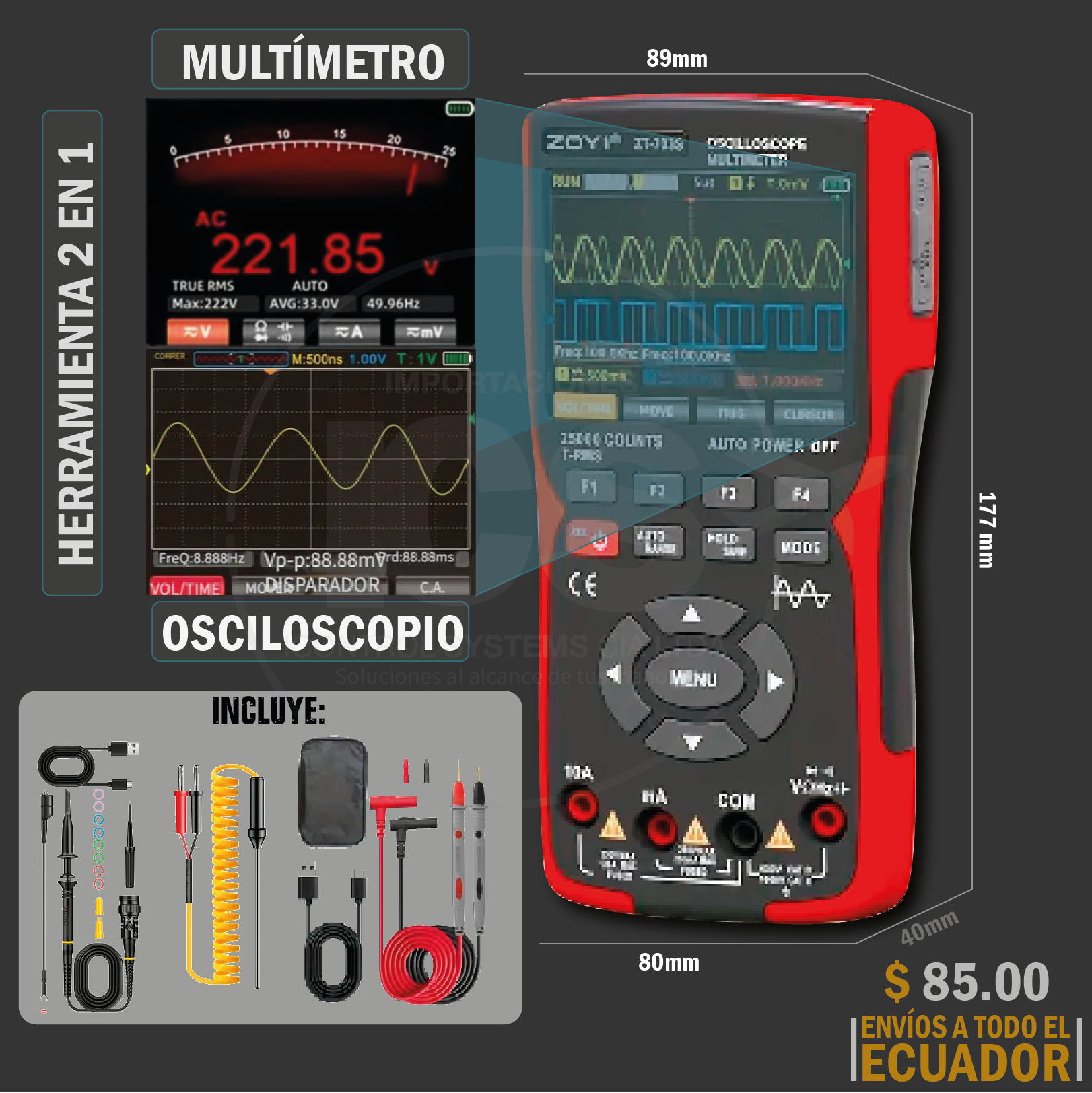 MULTIMETRO Y OSCILOSCOPIO 2 EN 1 AUTOMATICO RECARGABLE TIPO C 10MHZ TRUE RMS